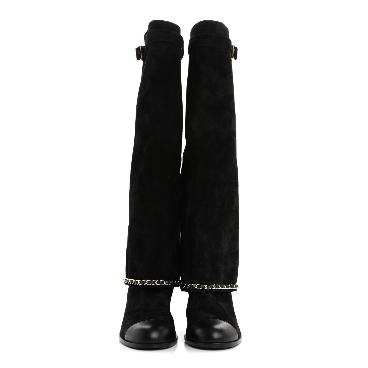 Suede Calfskin Lambskin Cap Toe Chain Fold Over High Boots 37 Black