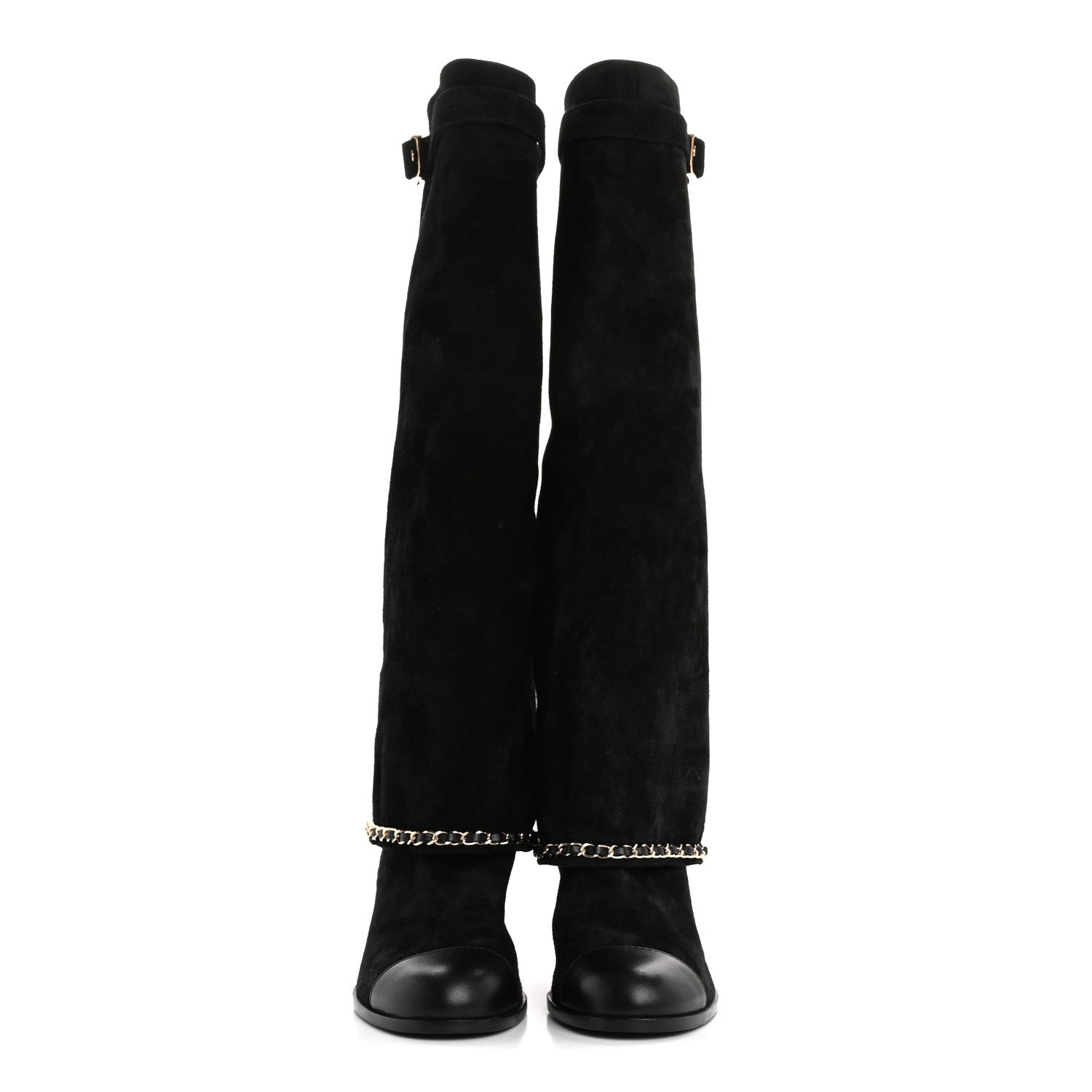 Chanel Suede Calfskin Lambskin Cap Toe Chain Fold Over High Boots 37 Black 2 of 8