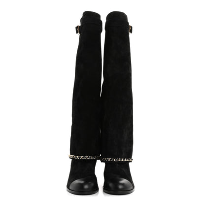 Chanel Suede Calfskin Lambskin Cap Toe Chain Fold Over High Boots 37 Black 2 of 8