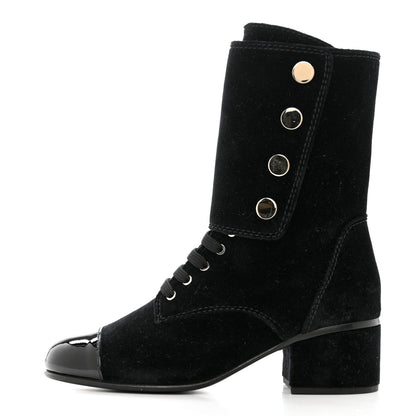 Chanel Velvet Patent Cap Toe CC Lace Up Boots 38 Black 1 of 8