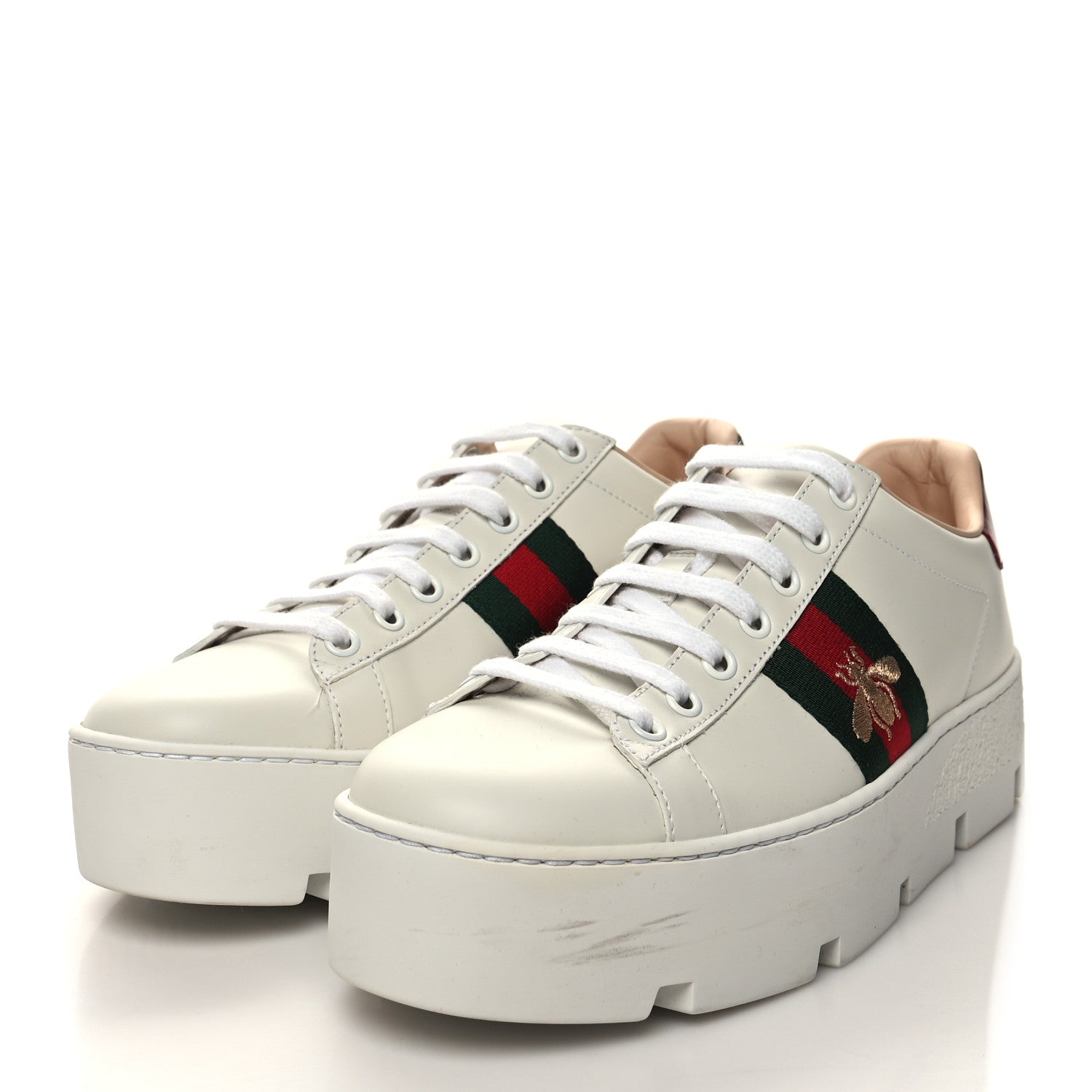 Gucci Calfskin Web Bee Embroidered Womens Ace Platform Sneakers 38 White 3 of 10