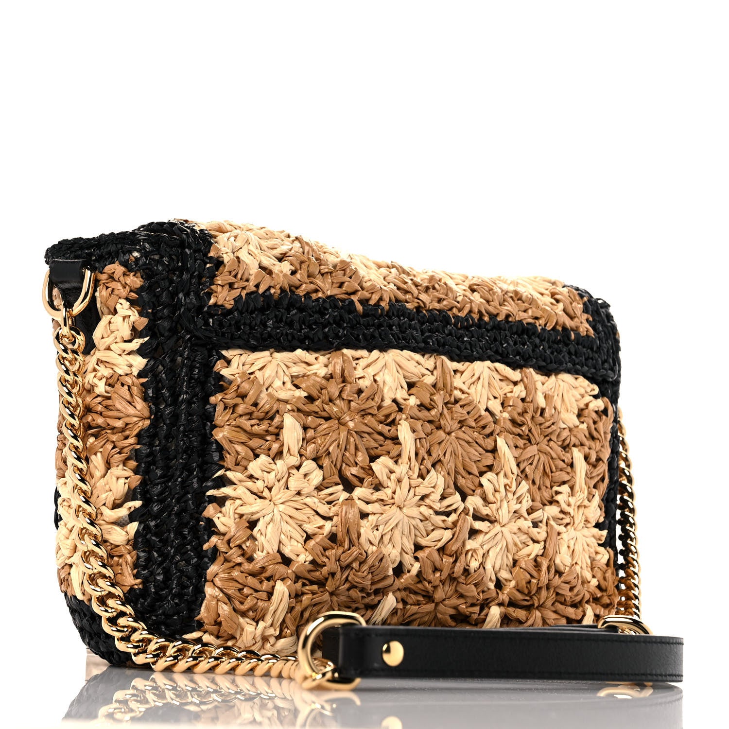Gucci Raffia Azalea Calfskin Crochet Flower Small GG Marmont Shoulder Bag Natural Ecru Black 3 of 9