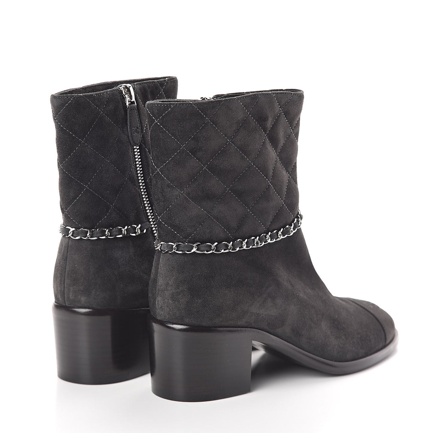Suede Calfskin Chain CC Cap Toe Short Boots 37.5 Dark Grey