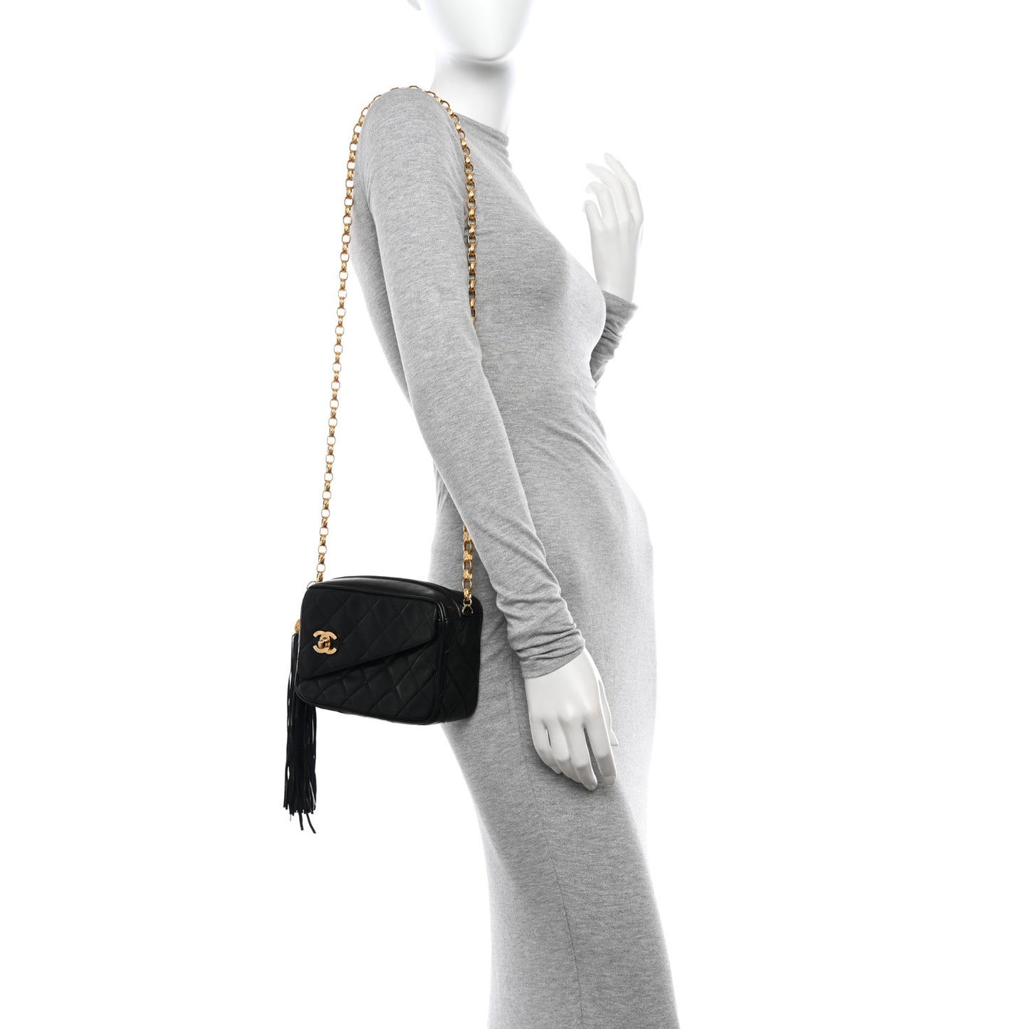 Lambskin Quilted Tassel Flap Camera Case Black