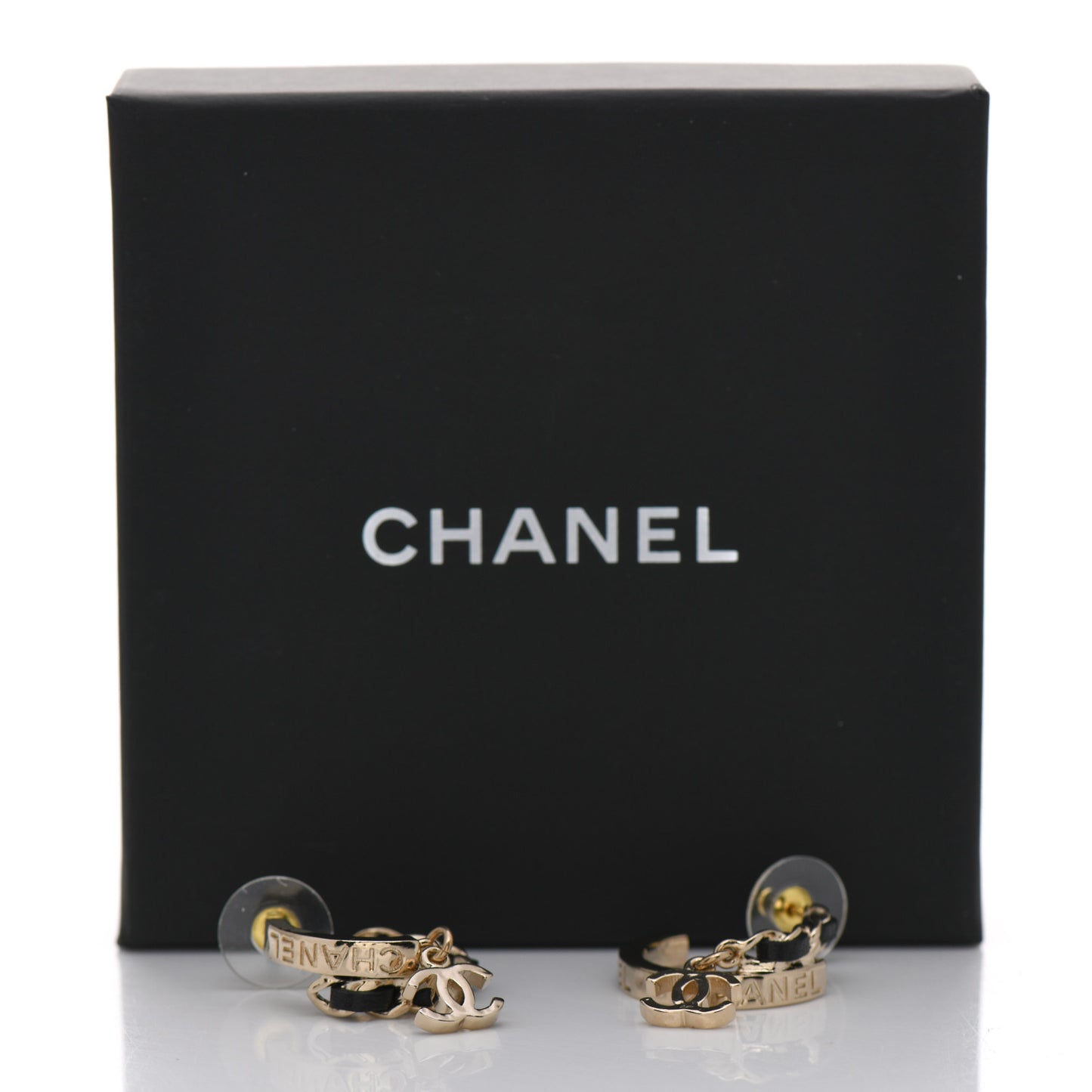Metal Lambskin CC Chain Hoop Earrings Gold Black