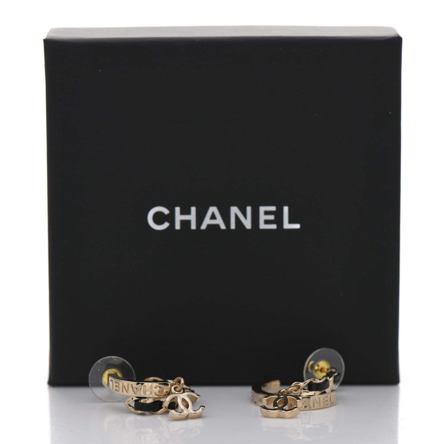 Chanel Metal Lambskin CC Chain Hoop Earrings Gold Black 5 of 5