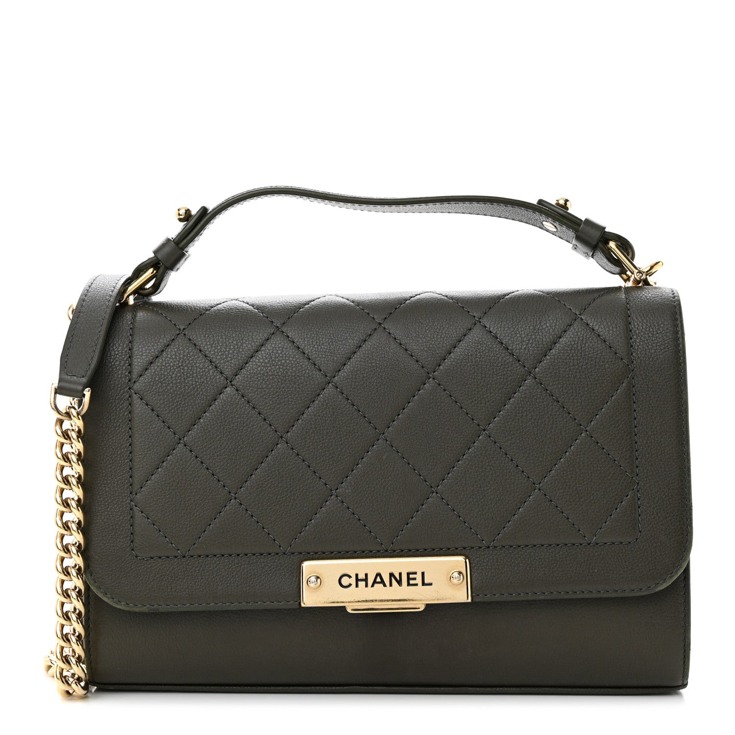 Chanel Grained Calfskin Quilted Medium Label Click Flap Bag Khaki 1 of 14