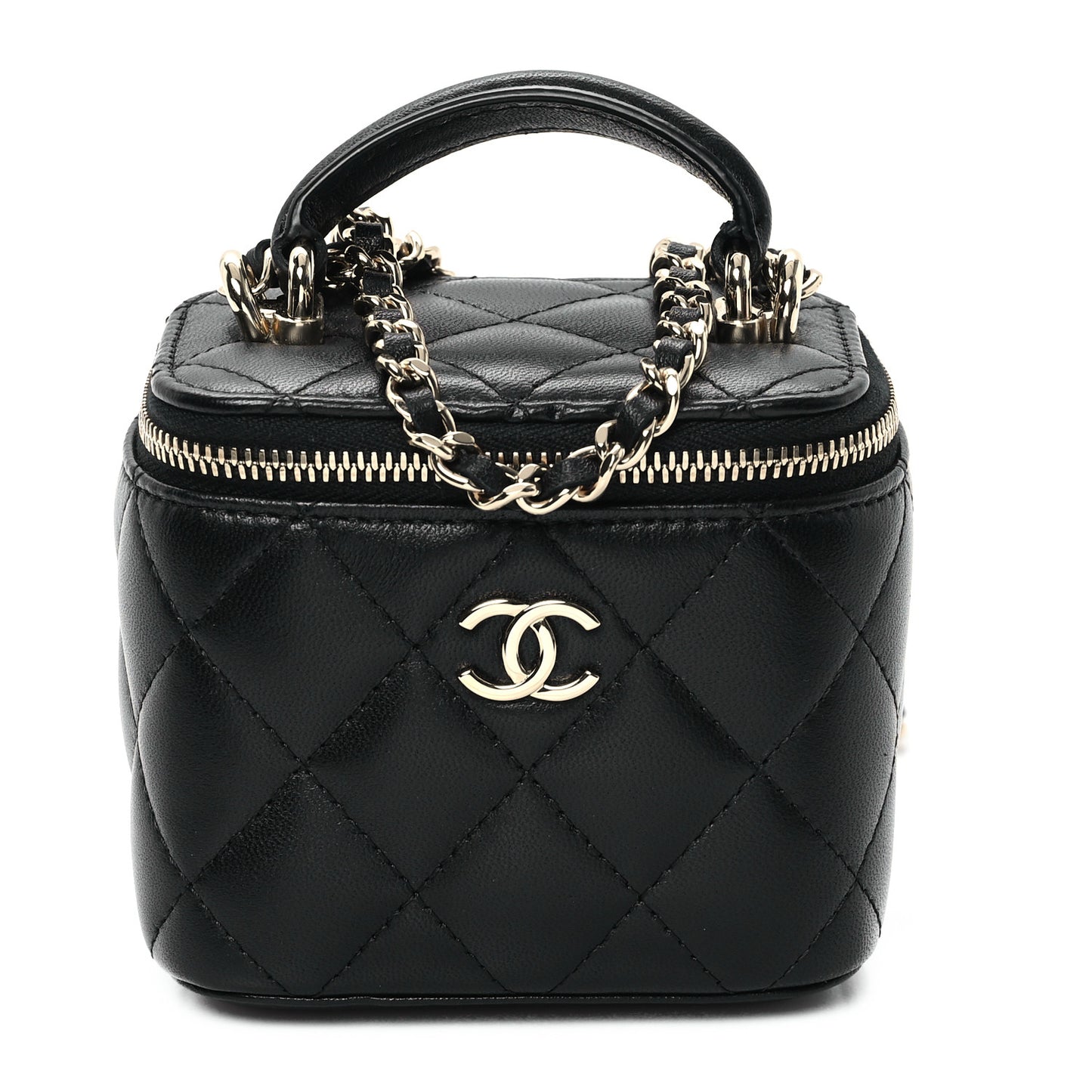 Lambskin Quilted Top Handle Mini Vanity Case With Chain Black