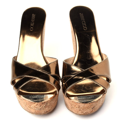 Jimmy Choo Metallic Patent Calfskin Cork Wedge Sandal 38 Bronze 6 of 11