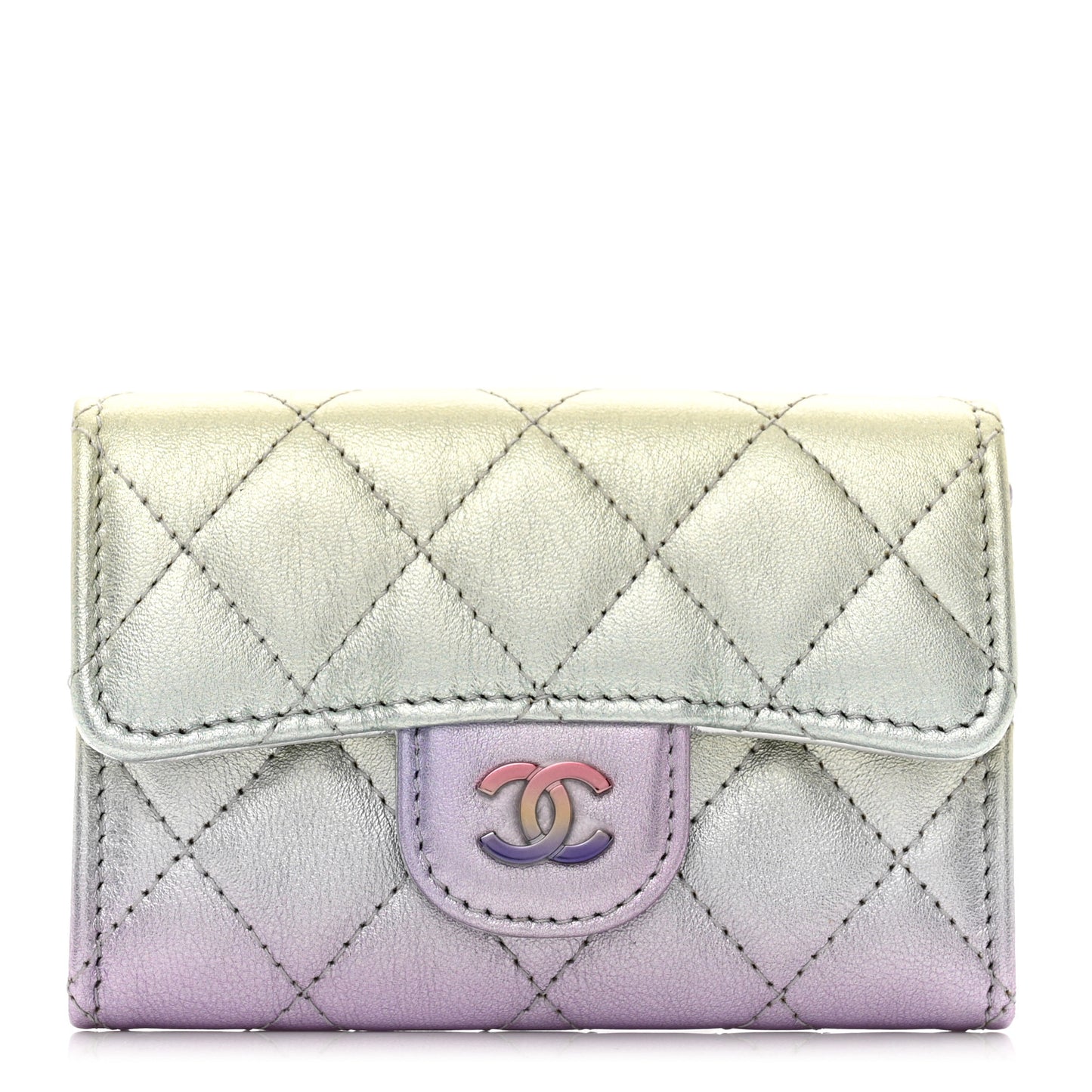 Gradient Metallic Calfskin Quilted Flap Card Holder Wallet Silver Blue Yellow Purple