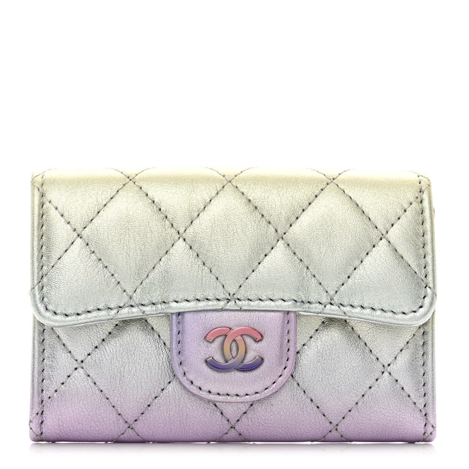 Chanel Gradient Metallic Calfskin Quilted Flap Card Holder Wallet Silver Blue Yellow Purple 1 of 9
