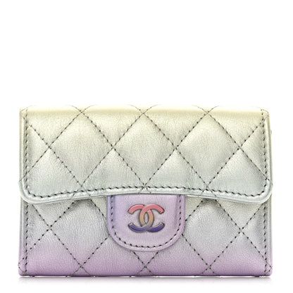 Chanel Gradient Metallic Calfskin Quilted Flap Card Holder Wallet Silver Blue Yellow Purple 1 of 9