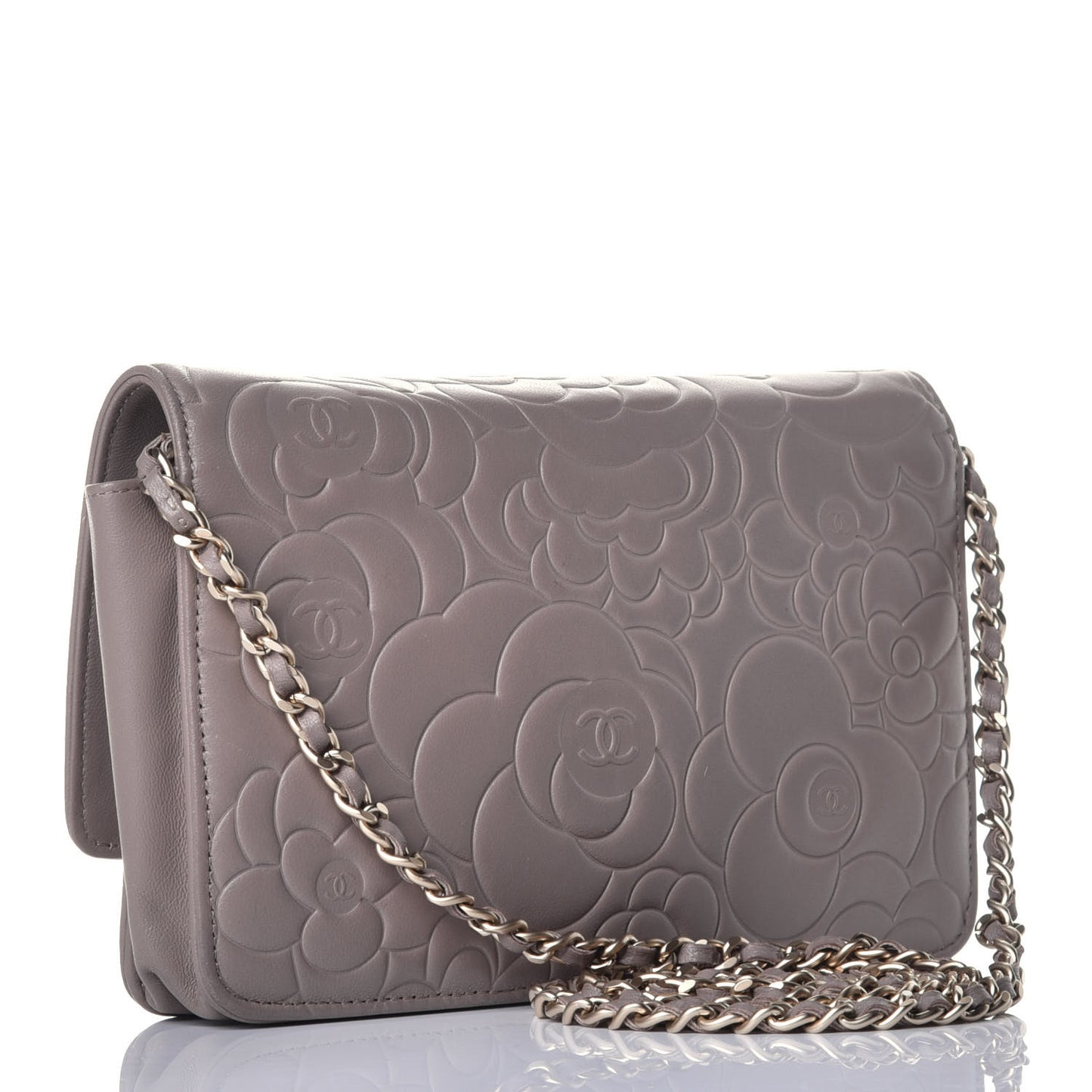 Lambskin Camellia Embossed Wallet On Chain WOC Beige
