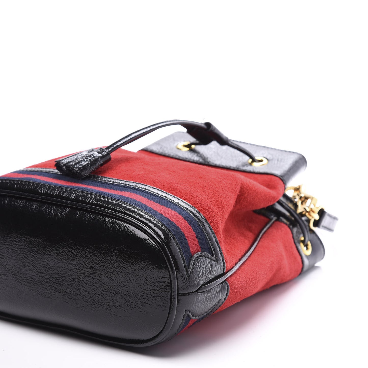 Suede Patent Web Small Ophidia Bucket Bag Hibiscus Red Black