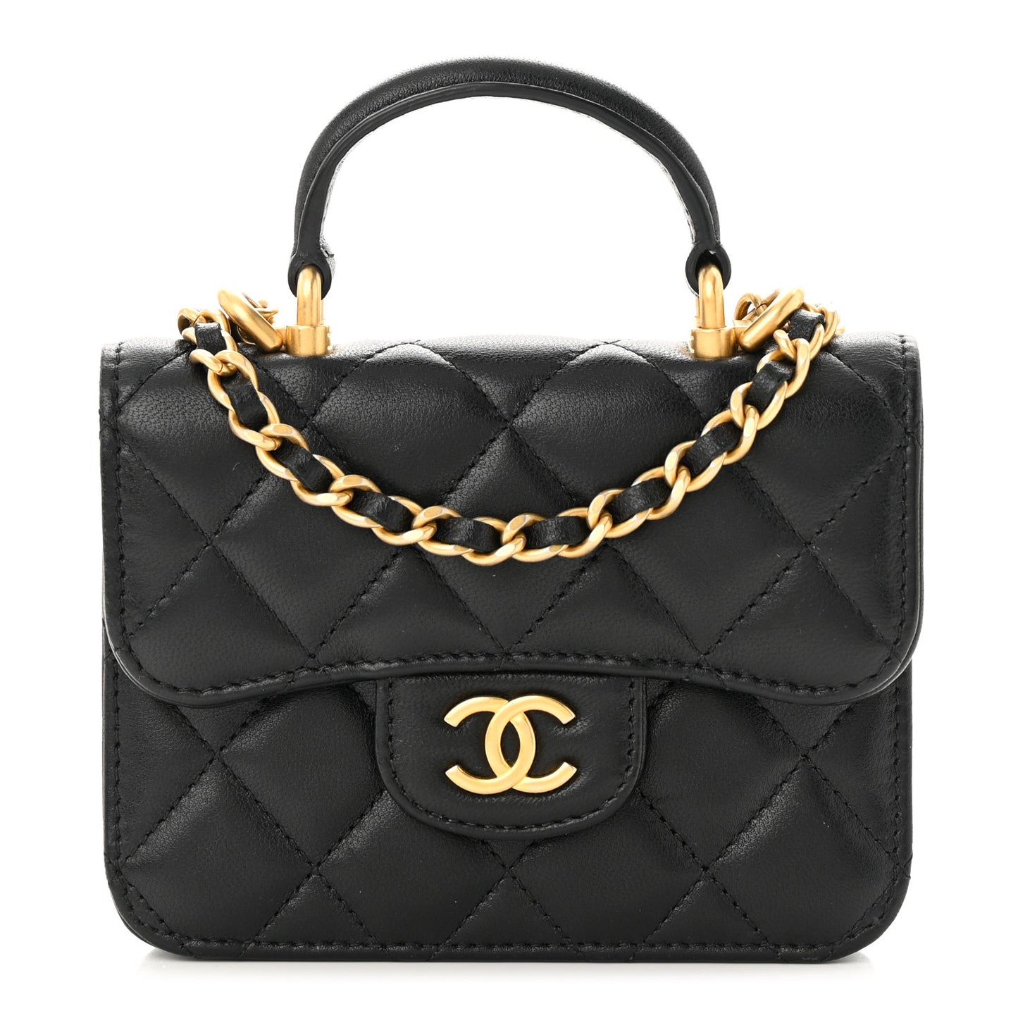 Lambskin Quilted Top Handle Flap Coin Purse With Chain Black