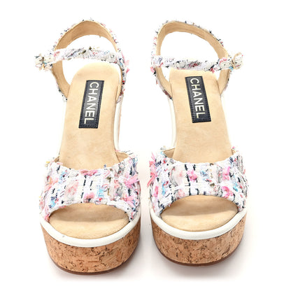 Chanel Tweed Cork CC Wedge Sandals 39 Ecru Pink Blue Green 3 of 8