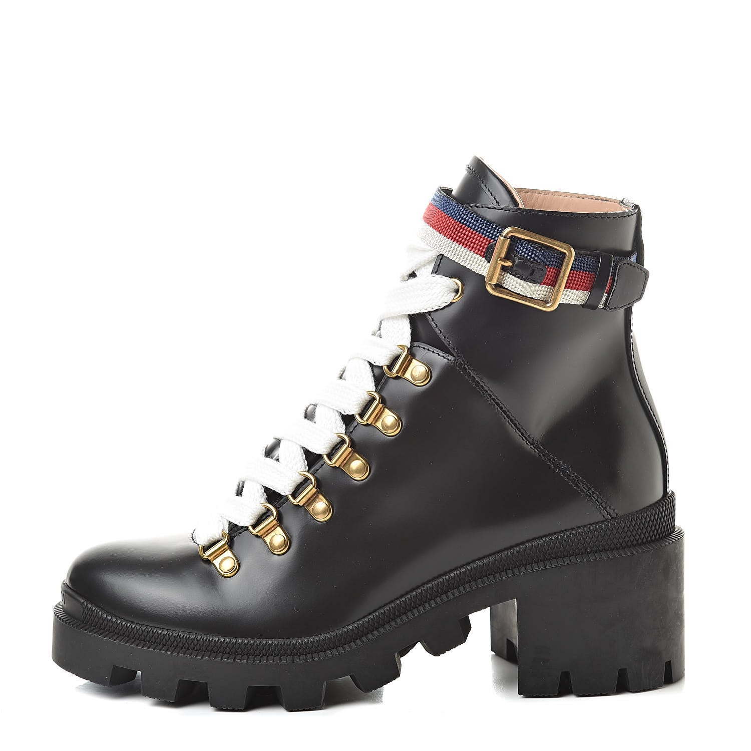 Gucci Calfskin Sylvie Web Womens Lace Up Combat Boots 36 Black 1 of 7