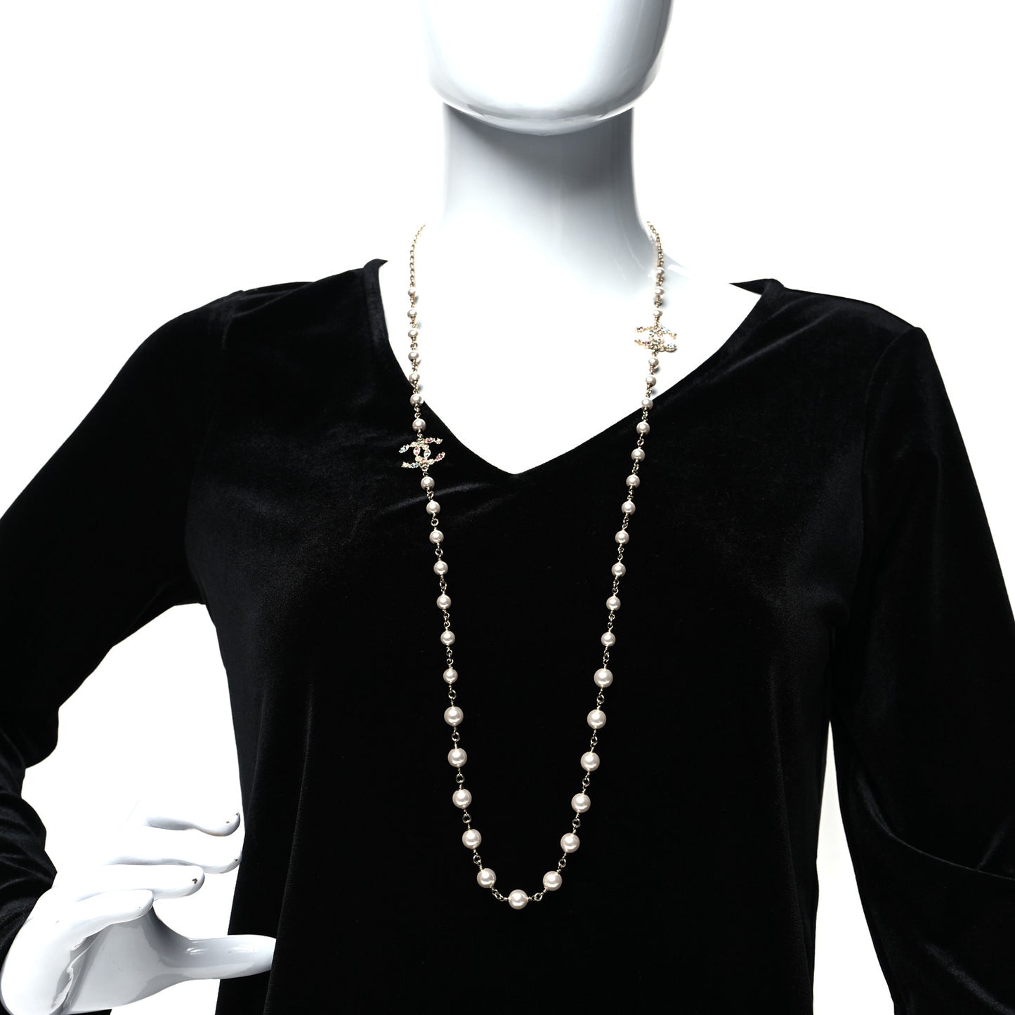 Pearl Crystal CC Long Necklace Gold Multicolor
