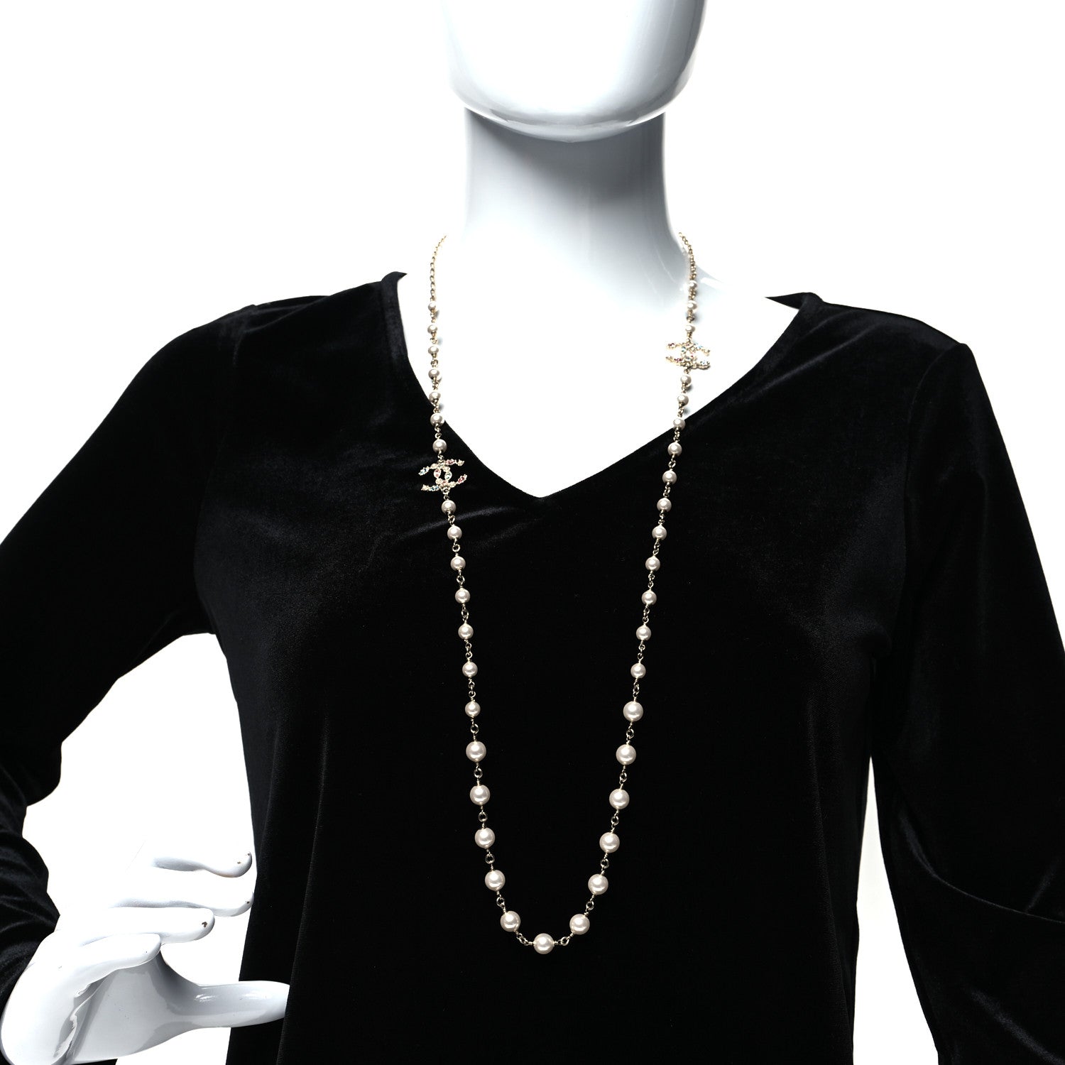 Chanel Pearl Crystal CC Long Necklace Gold Multicolor 2 of 5