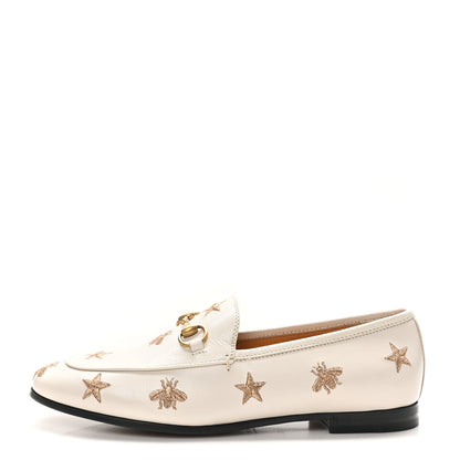 Gucci Goatskin Bee Star Embroidered Womens Jordaan Loafers 37.5 Mystic White 1 of 9
