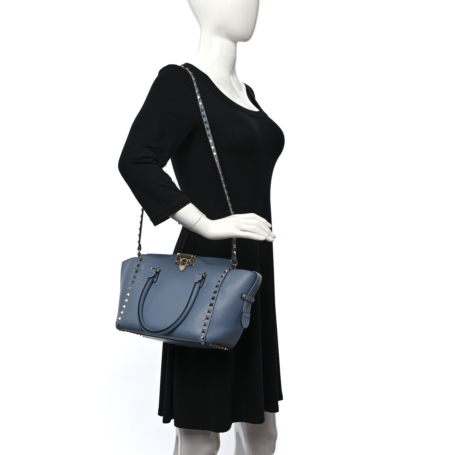 Valentino Garavani Vitello Small Rockstud Double Handle Tote Grey Blue 2 of 13