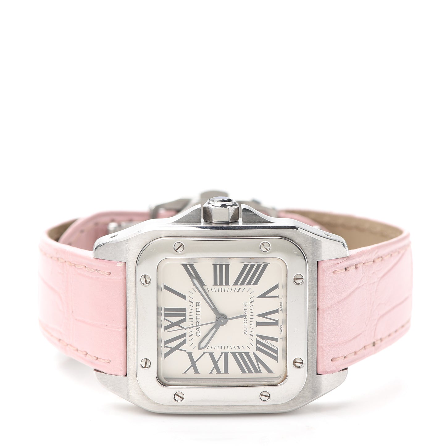 Stainless Steel Alligator 33mm Santos 100 Automatic Watch Pink