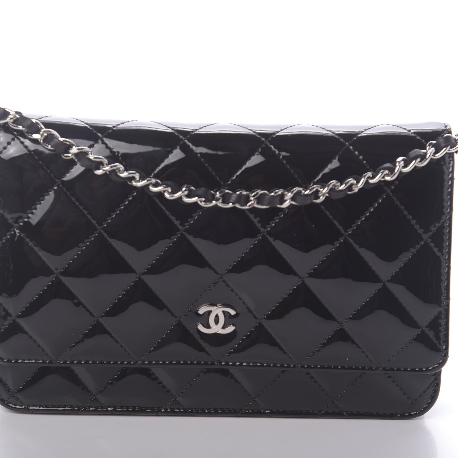 Chanel Patent Quilted Wallet On Chain WOC Navy Blue 9 of 11