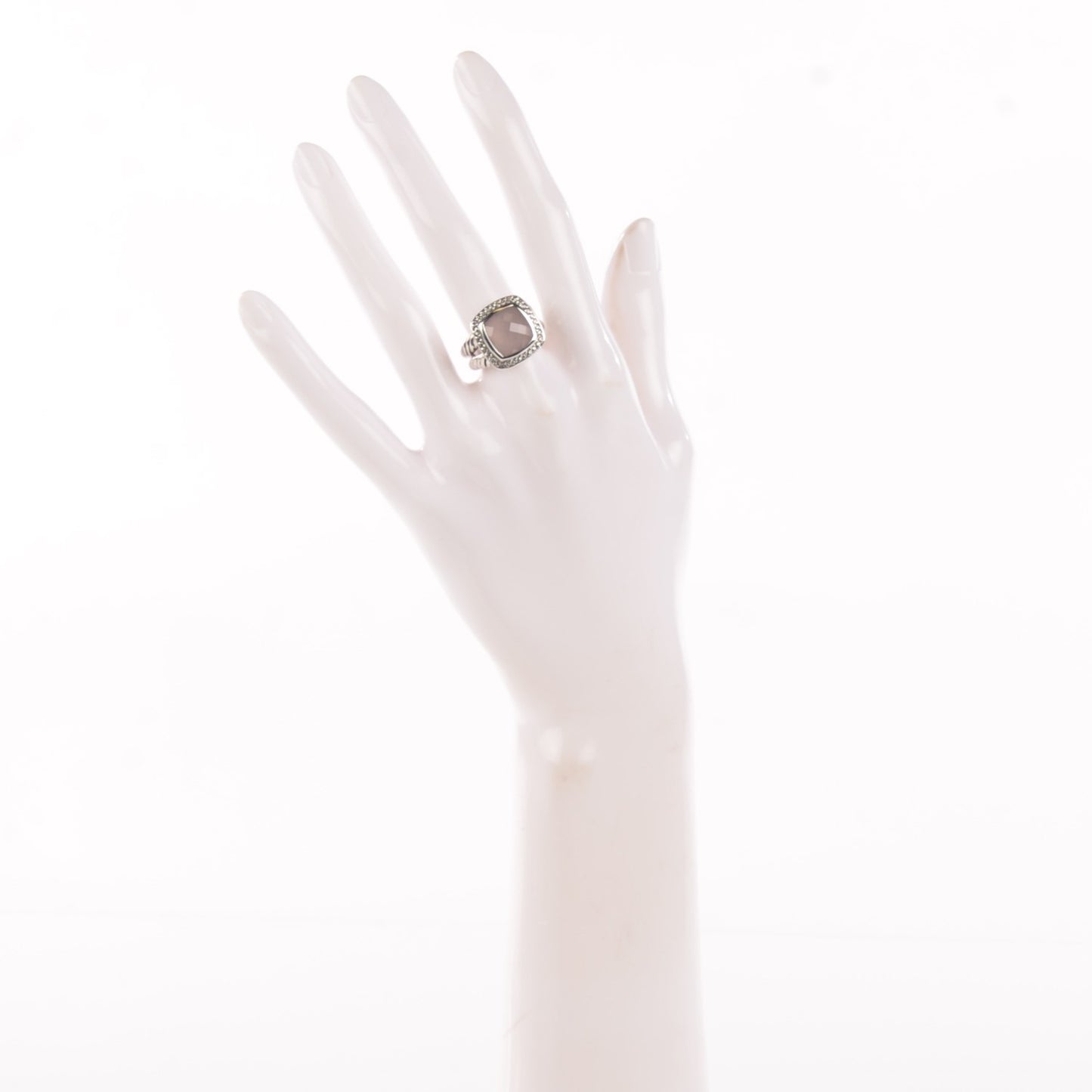 Sterling Silver Rose Quartz Pave Diamond 11mm Albion Ring 6.5