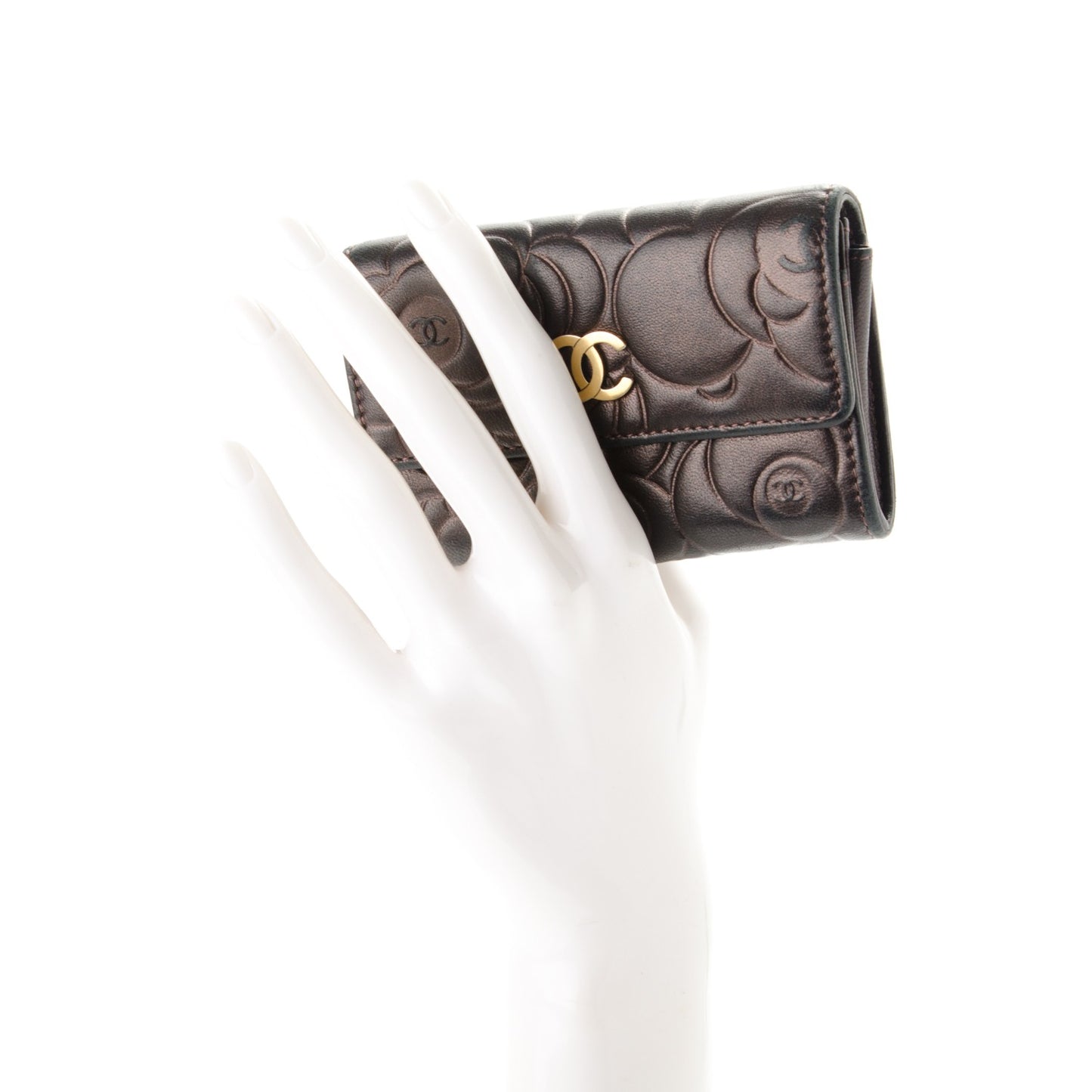 Metallic Lambskin Camellia Embossed Card Holder Brown