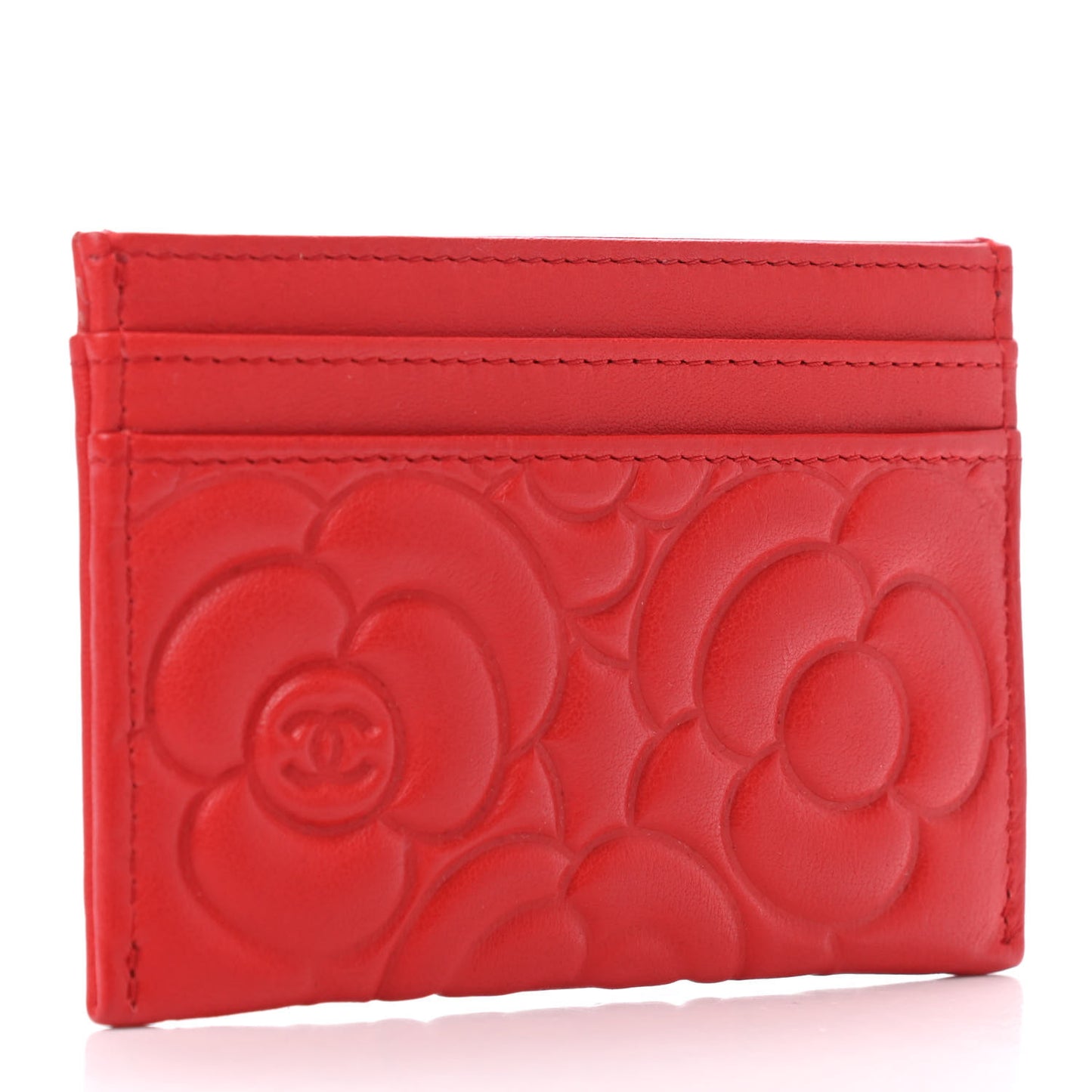 Lambskin Camellia Embossed Card Holder Red