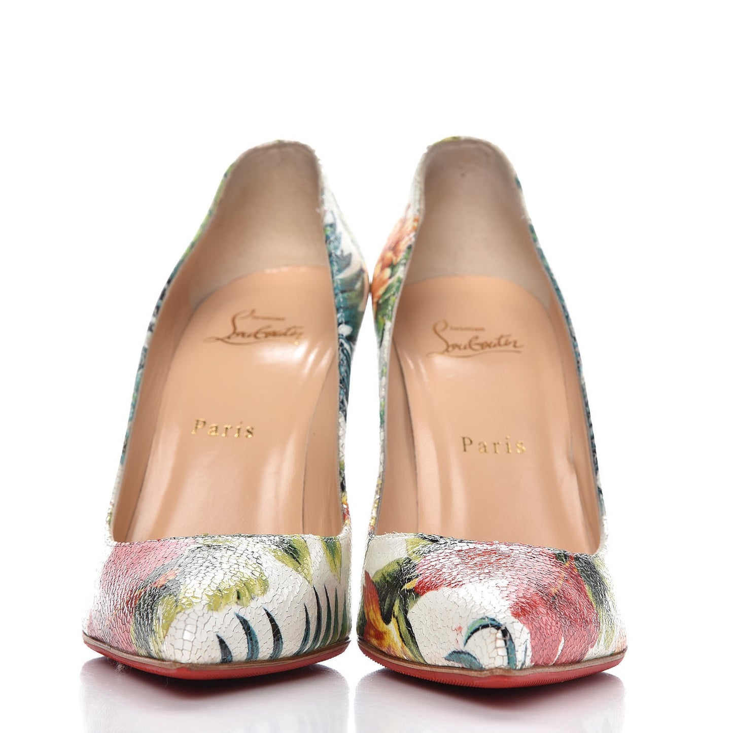 Crackled Calfskin Hawaiian Print Pigalle Follies 100 Pumps 38 White