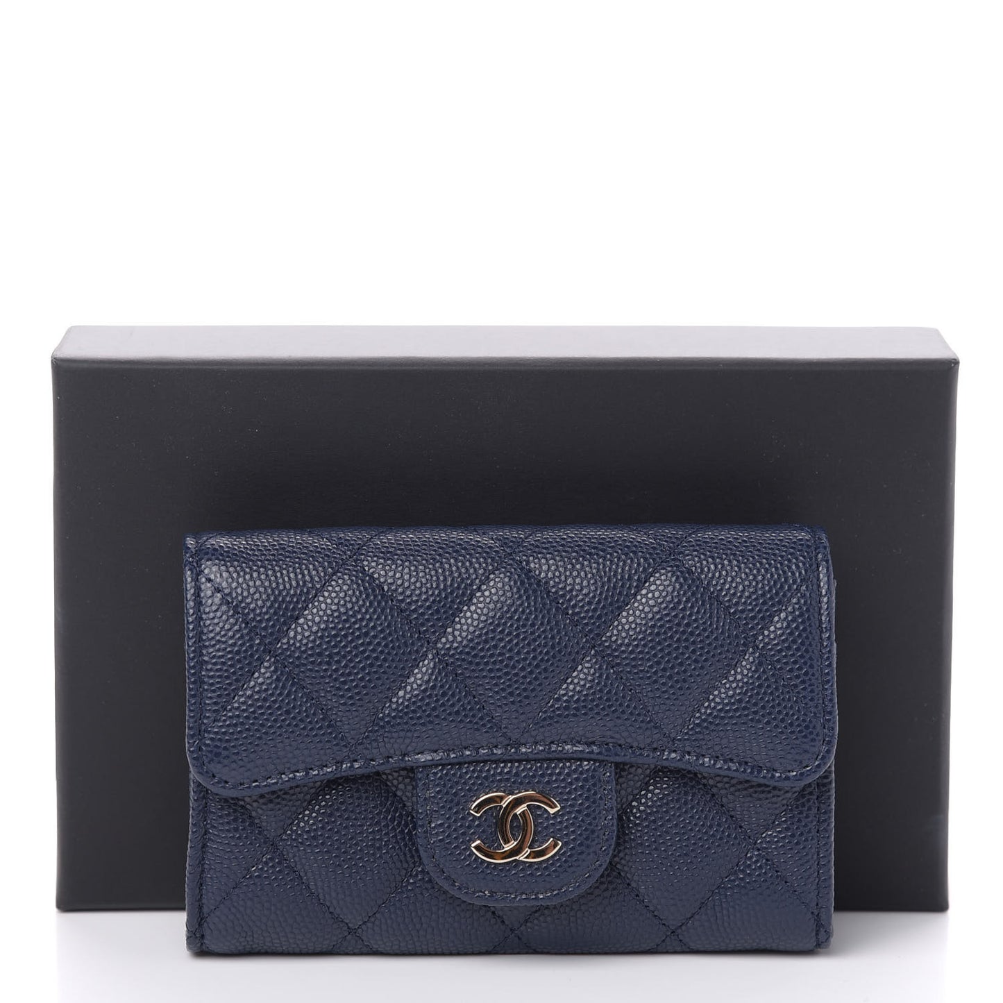 Iridescent Caviar Quilted Flap Card Holder Dark Blue