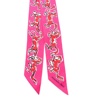 Hermes Silk Chevaux En Liberte Twilly Rose Indien Rouge White 2 of 3
