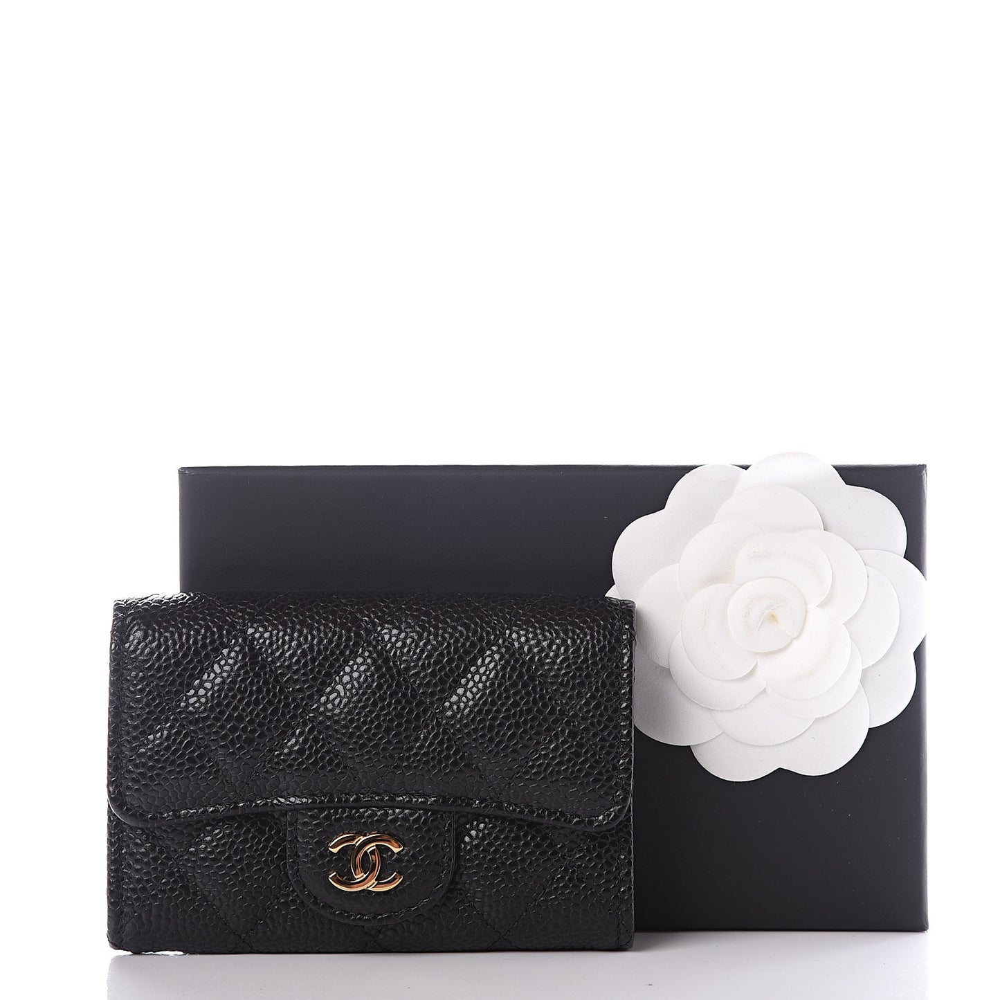Caviar Quilted Flap Card Holder Wallet Black