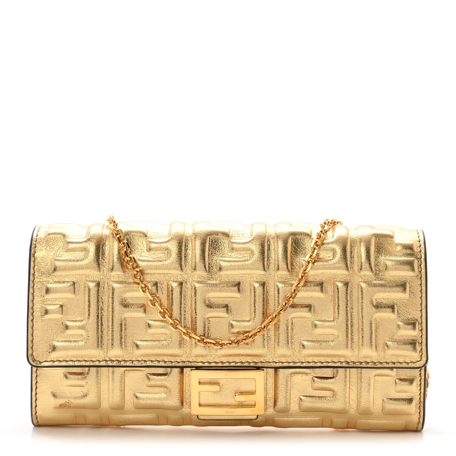 Fendi Vitello Catalan Mirror FF 1974 Embossed Continental Wallet on Chain Gold 1 of 9
