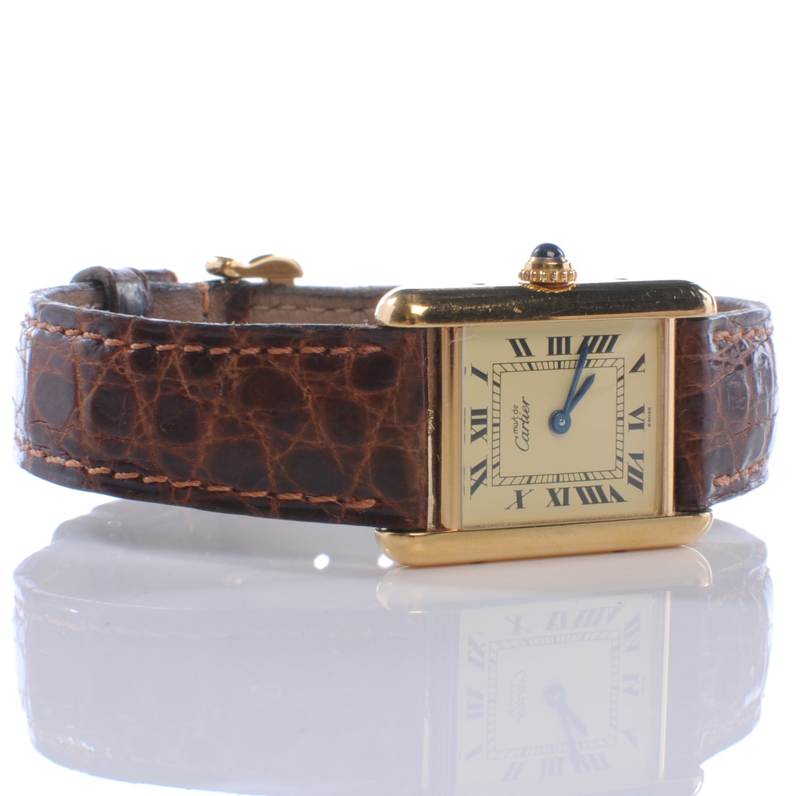 Cartier Sterling Silver Vermeil Alligator 20mm Must de Cartier Tank Quartz Watch Brown 2 of 7