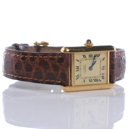 Cartier Sterling Silver Vermeil Alligator 20mm Must de Cartier Tank Quartz Watch Brown 2 of 7
