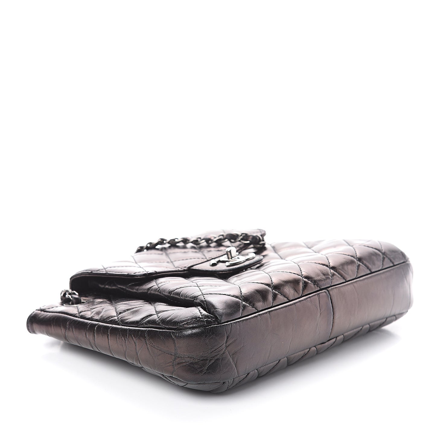 Glazed Calfskin Quilted Accordion Flap Black