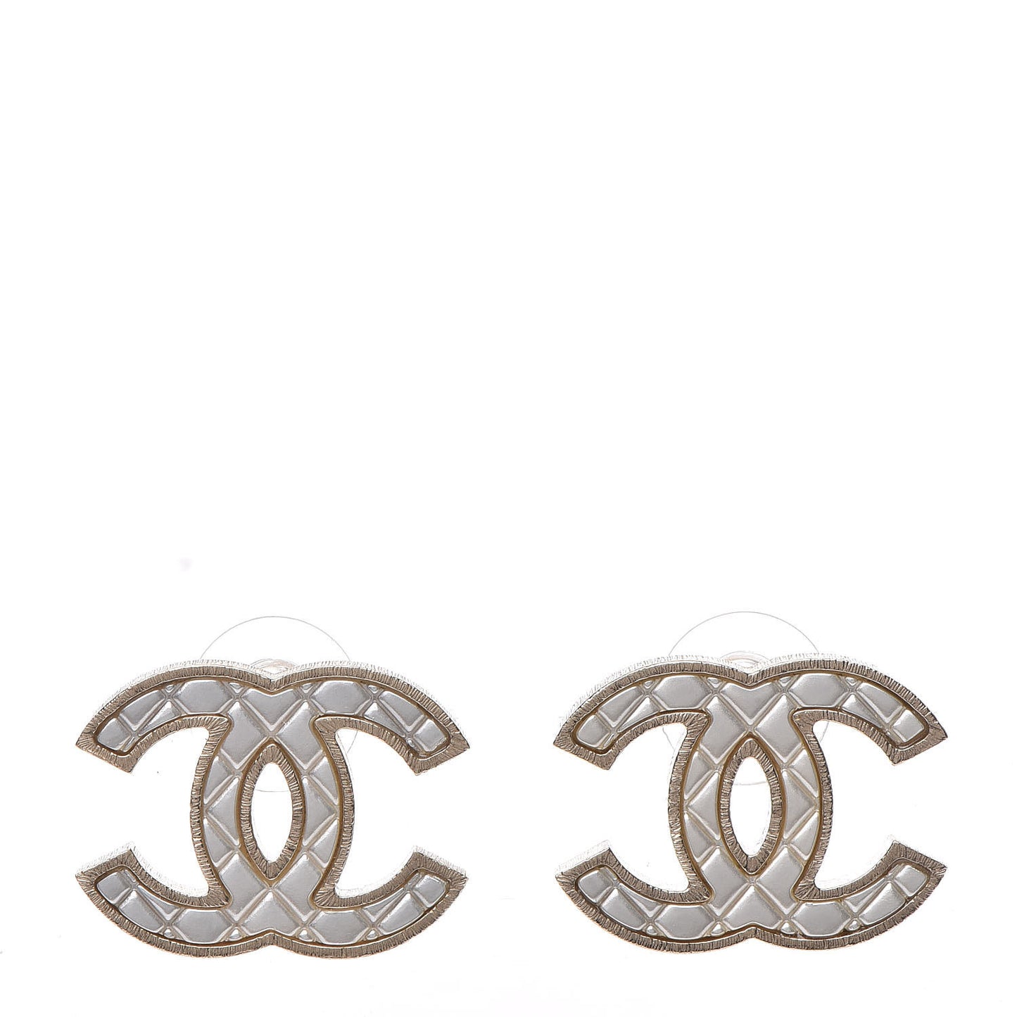 Metal Quilted CC Earrings Gold White