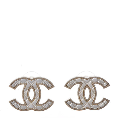 Chanel Metal Quilted CC Earrings Gold White 1 of 5