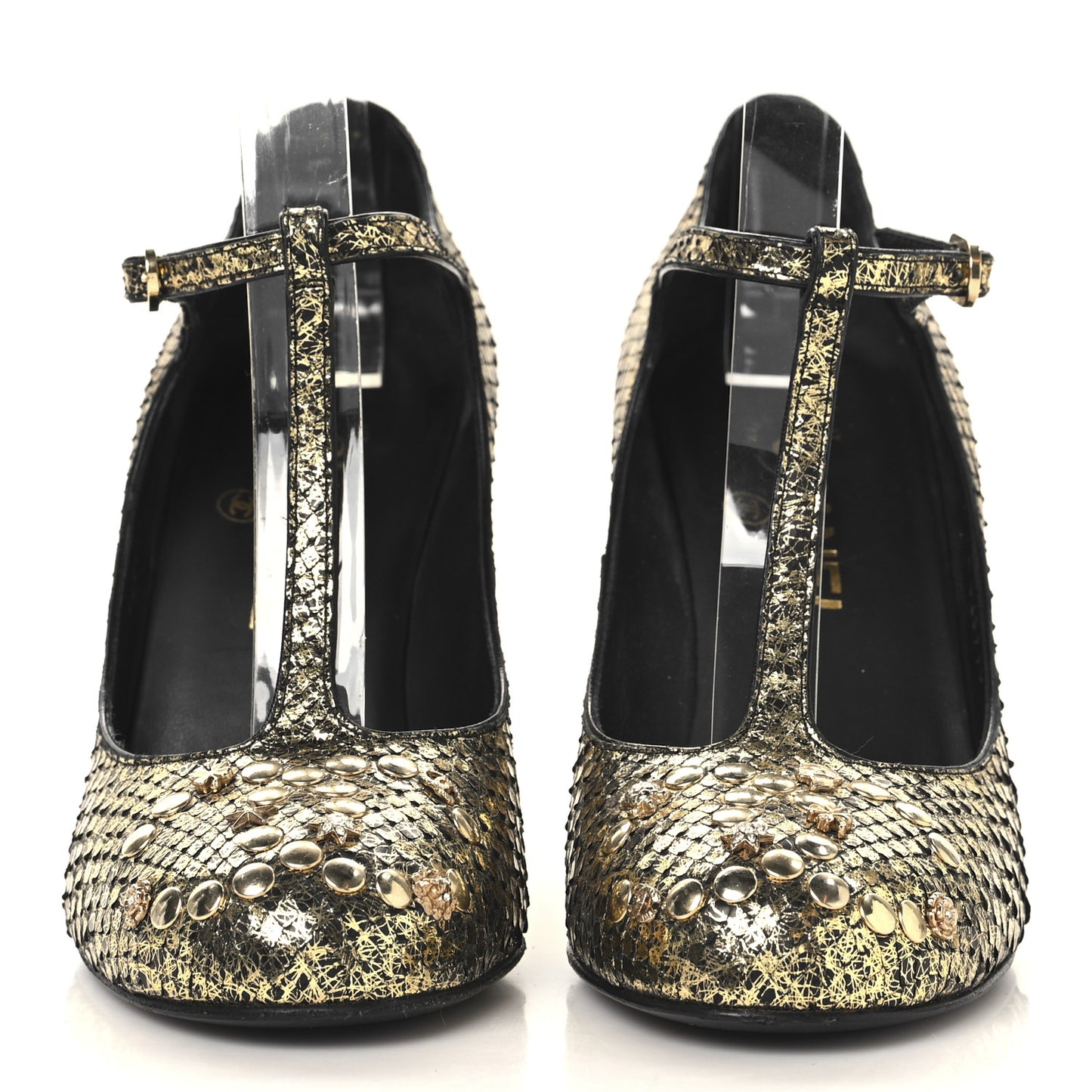 Metallic Snakeskin Studded CC T-Strap Wedges 37 Gold Black