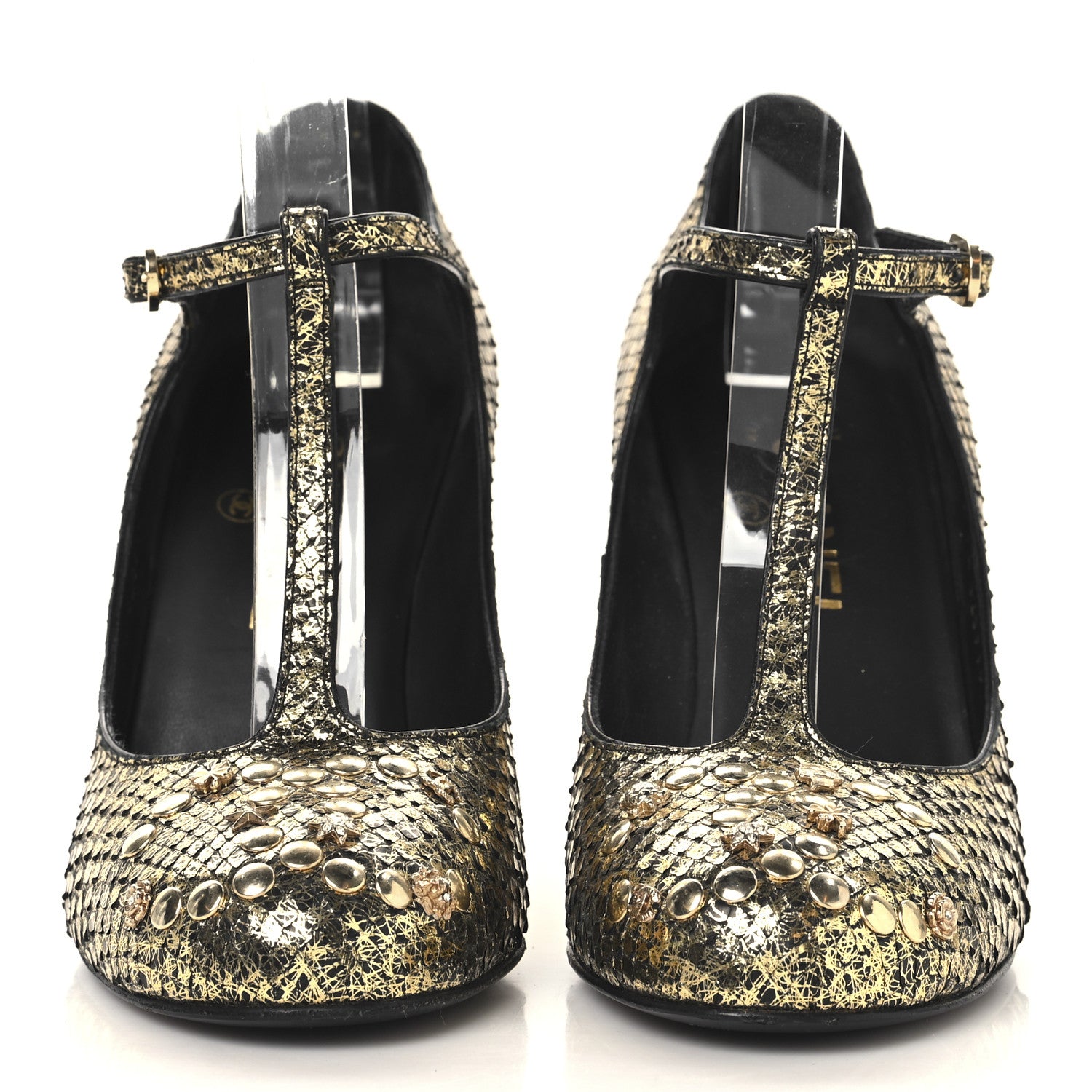 Chanel Metallic Snakeskin Studded CC T-Strap Wedges 37 Gold Black 3 of 11