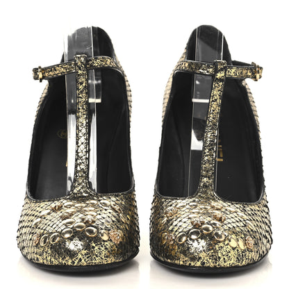 Chanel Metallic Snakeskin Studded CC T-Strap Wedges 37 Gold Black 3 of 11
