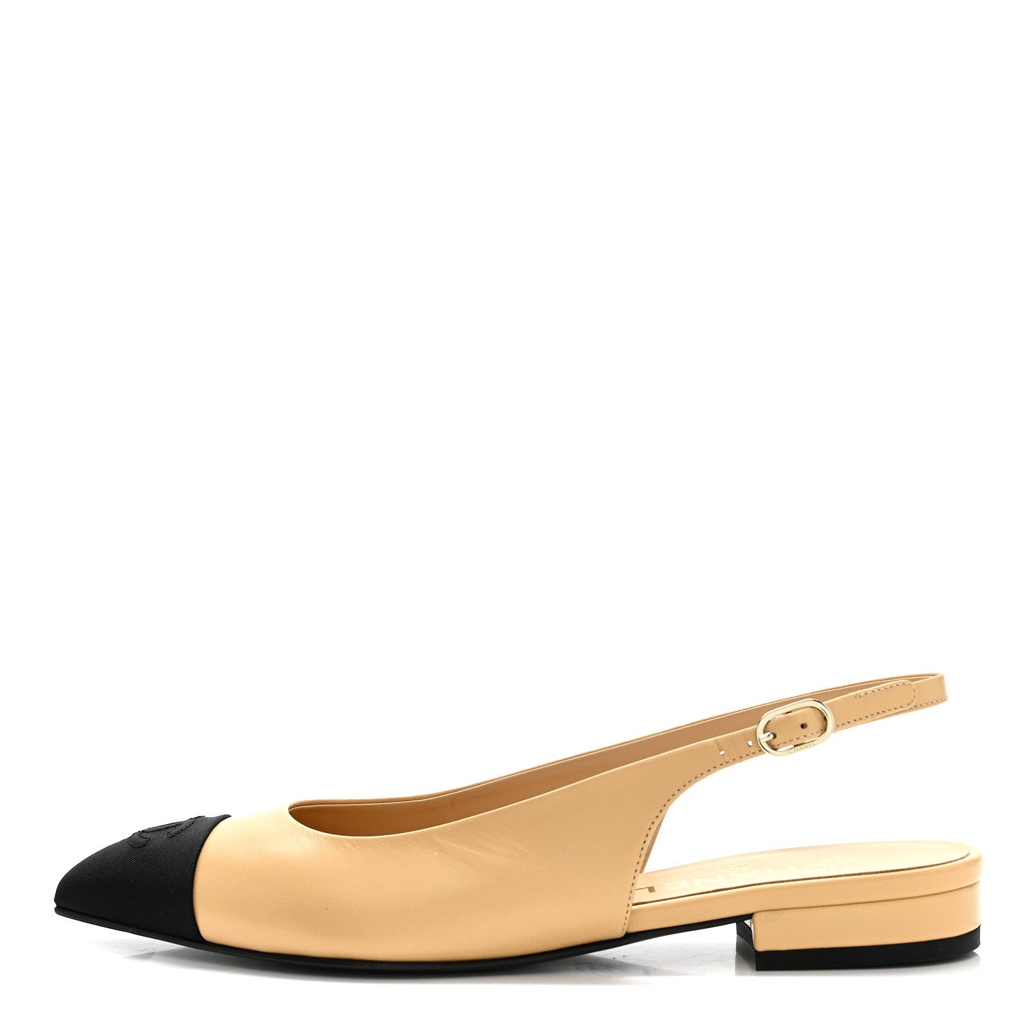 Chanel Goatskin Grosgrain Pointed Toe CC Slingback Flats 37 Beige Black 1 of 9