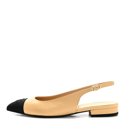 Chanel Goatskin Grosgrain Pointed Toe CC Slingback Flats 37 Beige Black 1 of 9