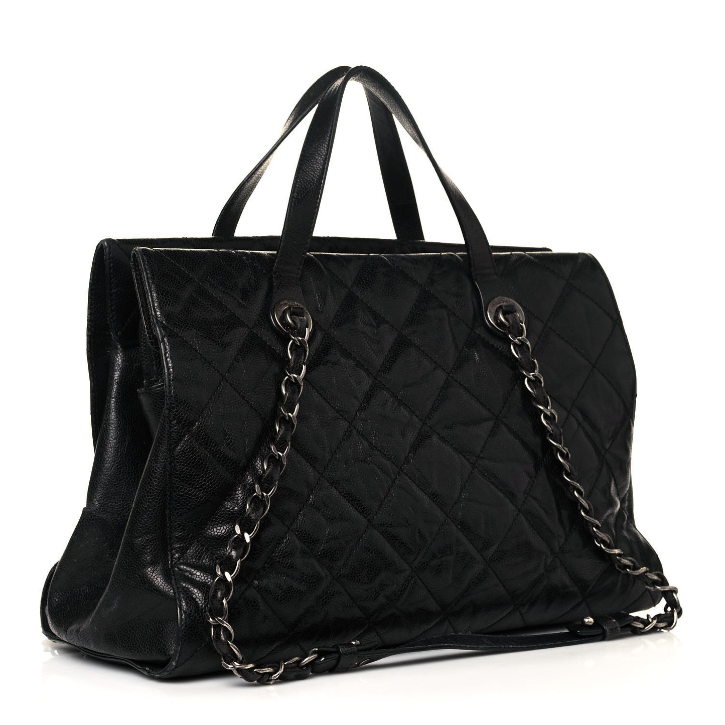 Crumpled Grained Calfskin Quilted CC Crave Tote Black