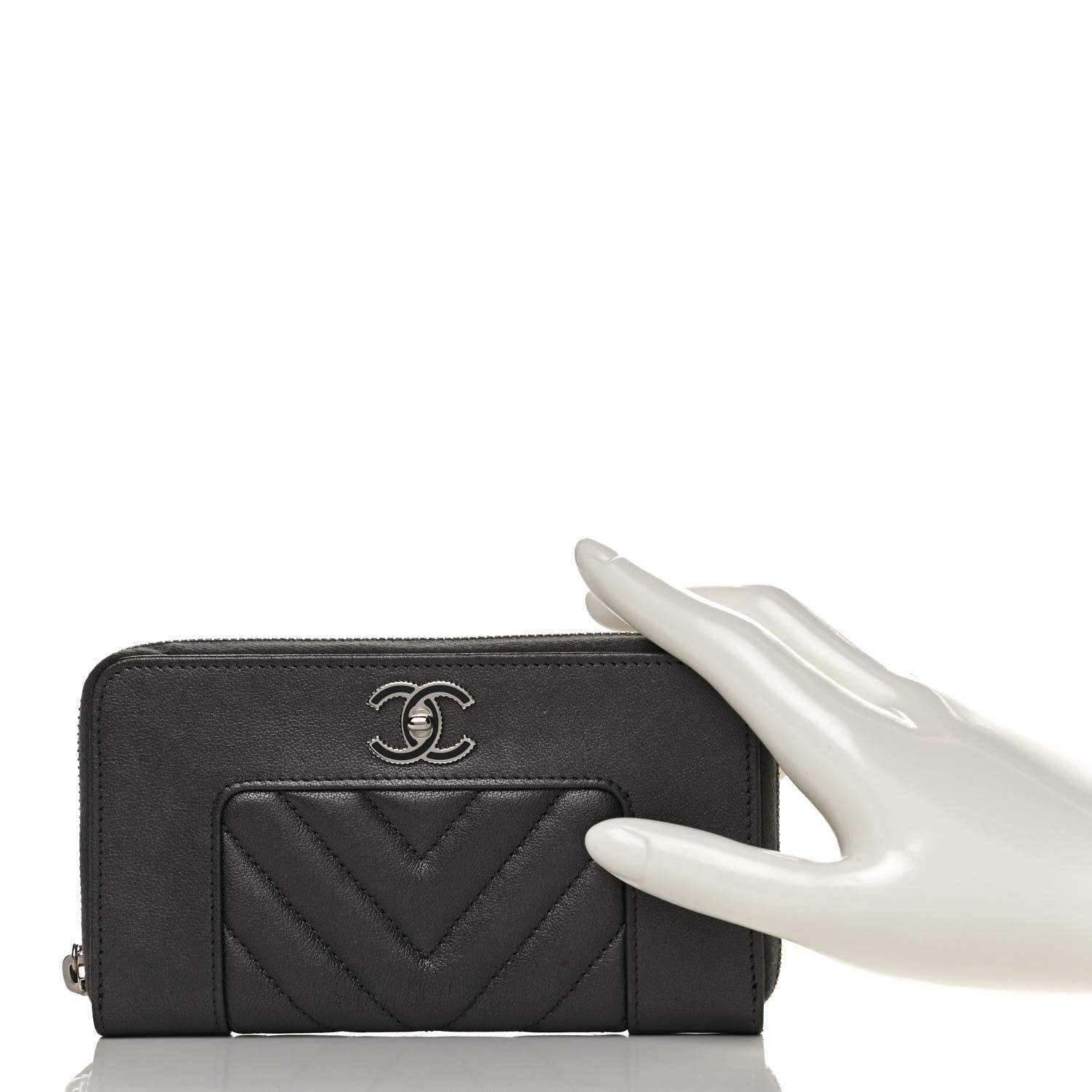 Chanel Sheepskin Chevron Quilted Mademoiselle Vintage Zip Around Wallet Grey 2 of 12