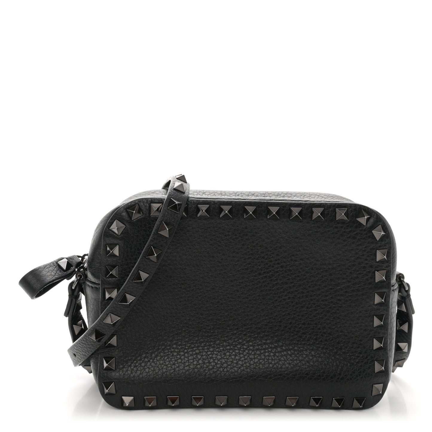 Grained Calfskin Rockstud Camera Crossbody Bag Black