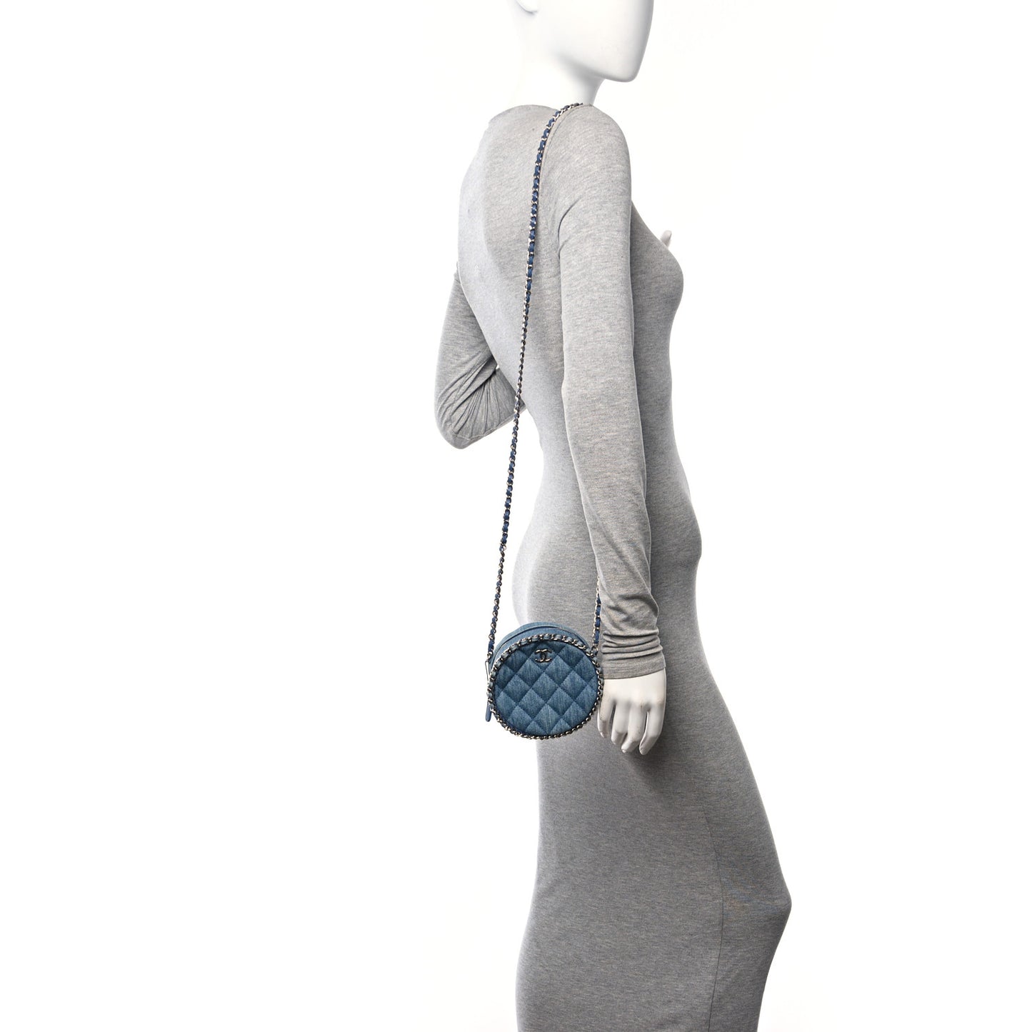 Denim Quilted Round Clutch With Chain Blue