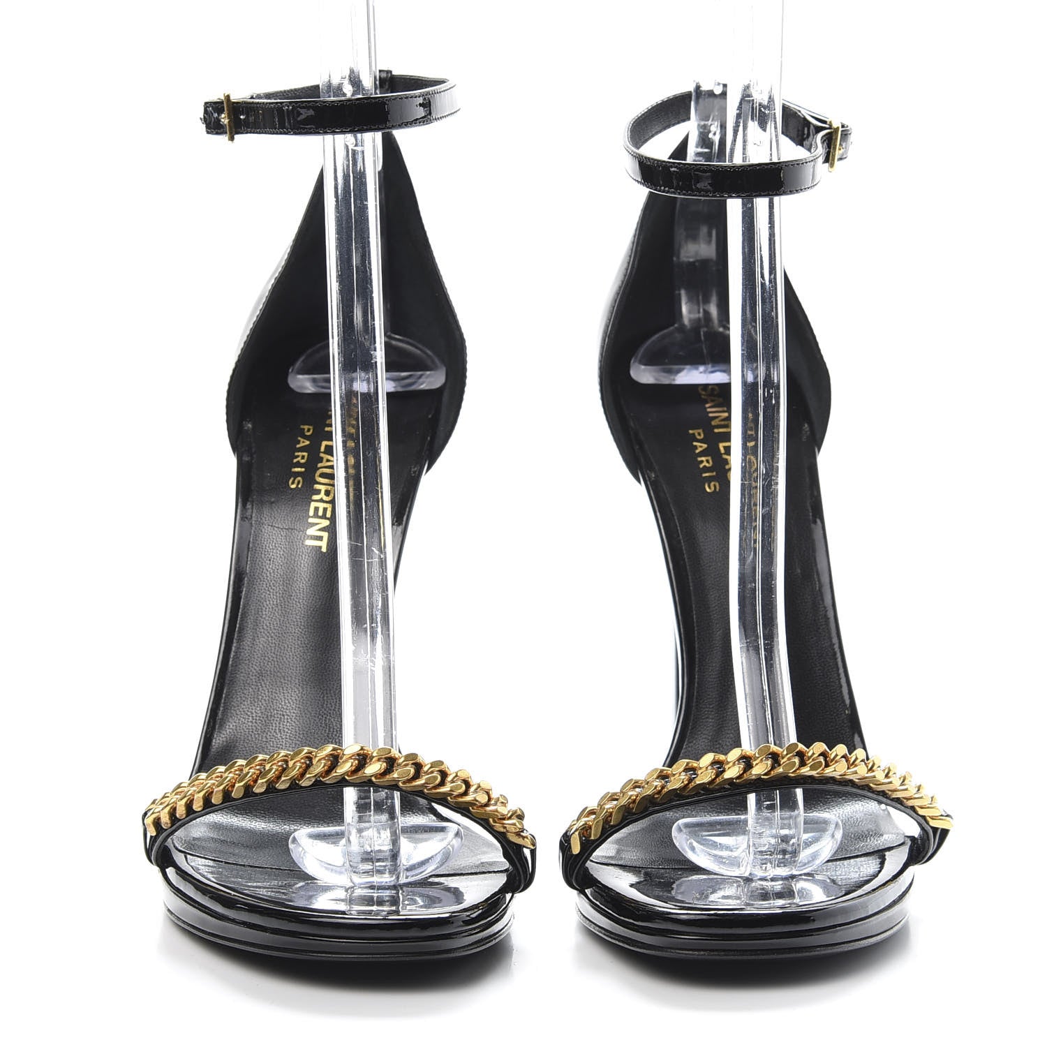 Saint Laurent Patent Calfskin Chain Jane 110 Ankle Strap Sandals 37.5 Black 2 of 8